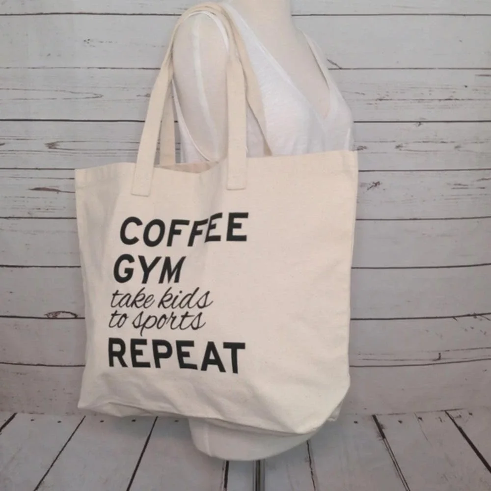 Coffee, Gym, Take Kids to Sports, Repeat‎ Natural Canvas Reusable Tote Bag
